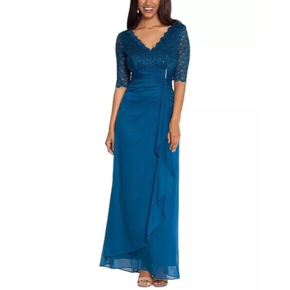 179$ Betsy & Adam V Neck Lace Bodice Maxi Gown Dress Petite Size 14P Green